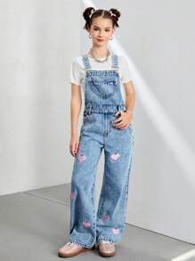 Sparklyn Tween Girls Denim Overalls & Jumpsuits, Sweet Fashion Versatile Casual Comfy Cute Heart Embroidered Teenage Girl Y2K Denim Dungarees, School, Campus, College - Light Wash - View 4