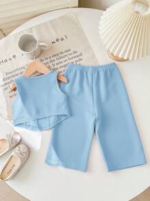 SHEIN Baby Girl Summer Cute Knitted Pink Tank Top & Elastic Waist Pants 2pcs Set - Blue - View 2