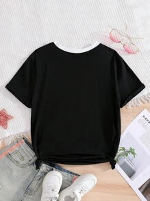 Women's Black Slim Fit T-Shirt With Brooklyn Letter Print, Fashionable Casual Minimalist Style, Suitable For Spring, Summer And Autumn, Pairs Well With Jeans For Casual Look