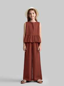 Ontre Tween Girls Summer Shades Of Brown 2 Pieces Set,Sleeveless Ruffle Hem Tank Top & Relaxed Pants,Solid Textured Casual Outfit For Holiday Tea Party - Rust Brown - View 2