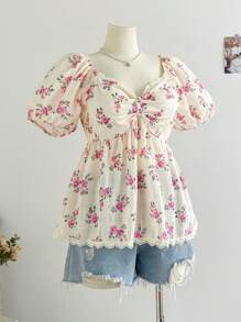 SHEIN WYWH Áo cánh tay loe cổ gà mùa xuân cỡ lớn cho nữ - Nhiều màu - Xem 9