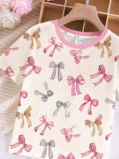 SHEIN Leap Crew Tween 女童休闲蝴蝶结装饰圆领短袖短裤睡衣套装，适合夏季