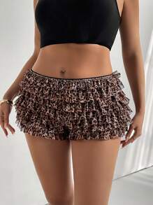 Firerie Plus Size Women's Fashionable Music Festival Khaki Multi-Layer Cute Sexy Contrast Color Lace Ruffle Bow Leopard Print Mesh Layered Ruffle Hem Super Short Shorts, Spring/Summer, Graduation - Multicolor - View 1