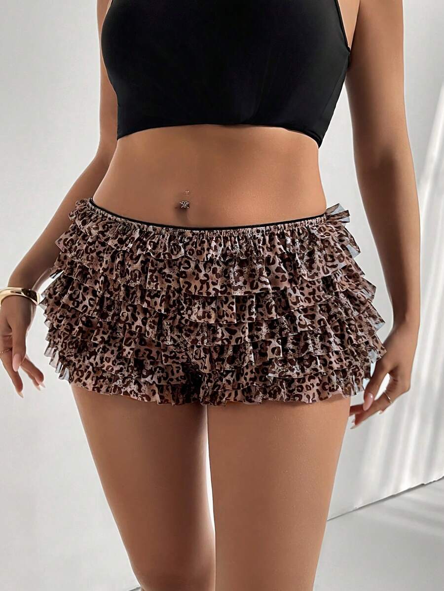 Firerie Plus Size Women's Fashionable Music Festival Khaki Multi-Layer Cute Sexy Contrast Color Lace Ruffle Bow Leopard Print Mesh Layered Ruffle Hem Super Short Shorts, Spring/Summer, Graduation - Multicolor - View 1