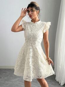 Elenzga 大码女式盖袖刺绣连衣裙，优雅浪漫的法式风格 - 杏色 - 查看 3