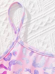SHEIN SLAYR KIDS Young Girl Cute Colorful Leopard Print Knit Camisole One-Piece Swimsuit, Spring/Summer - Multicolor - View 3