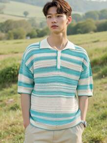 Manfinity CasualKnits Men's Front Button Short Sleeve Striped Casual Knit Sweater - Multicolor - View 2
