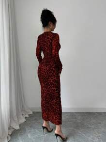 Elenzga Women Elegant Leopard Print Stretch Mesh Ruched Bodycon Mini Dress Fall Cloth For Women - Red - View 2