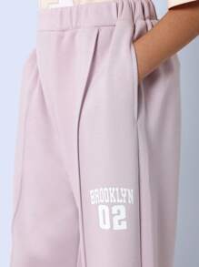 SUMWON Youth Athletic Two-Piece Set Varsity Chicago Sweatshirt With Matching Joggers Sporty Wear Tracksuit Gym Outfit Spring Fall Sport Training Set - Mauve Purple - View 8