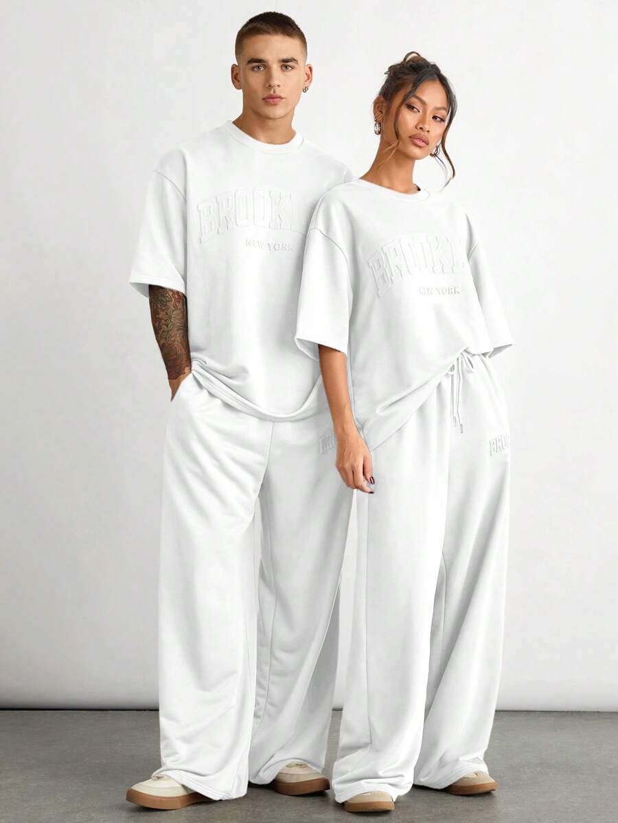 Manfinity INSISELF 2 Pieces Set Men's Loose Raglan Crew Neck Short Sleeve T-Shirt And Drawstring Waist Straight Leg Pants Tracksuits - White - View 1