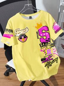 Attitoon Casual Streetwear Style Letter Badge, Crown & Basketball Graphic Round Neck Loose T-Shirt For Women, Suitable For Summer Back To School - Multicolor - View 9