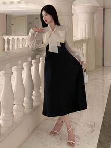 DAZY Colorblock Contrast Ribbon Collar & Puff Sleeve Women's Mid-Length Dress Prom Dress Elegant,Fall Dress