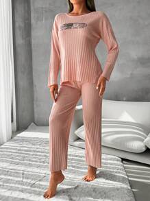 RueChic Slogan Graphic Drop Shoulder Lounge Set - Coral Pink - View 3