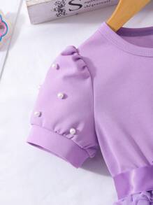 Glamorique Kids 小女孩纯色圆领珍珠泡泡袖 3D 花朵优雅夏季连衣裙（配腰带） - 紫色 - 查看 7