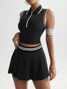 Easithlete 女士两件套瑜伽套装 - 拼色装饰背心和褶皱 A 字裙，运动服