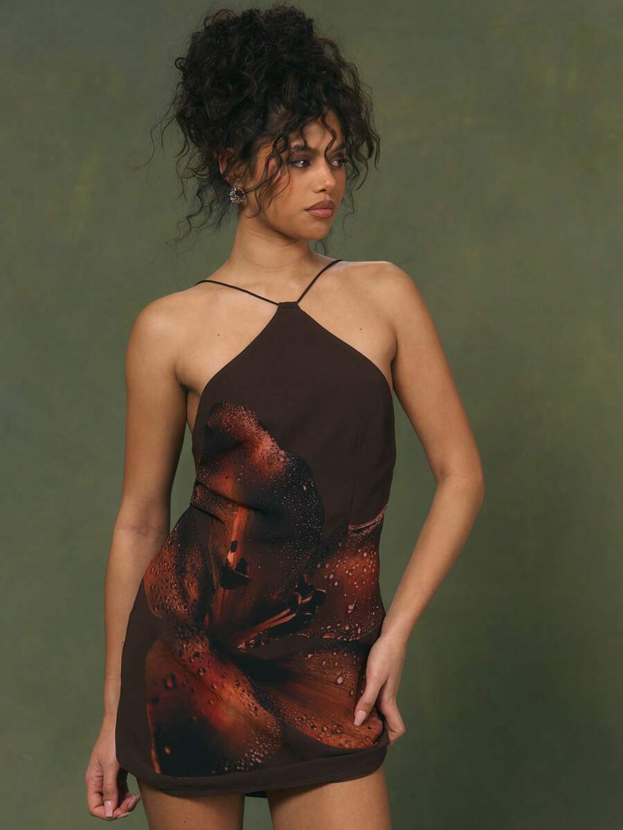 MUSERA 露背吊带印花雪纺系带无袖波西米亚风迷你连衣裙，可爱性感，适合春夏季俱乐部度假、假日音乐会、海滩、秋季约会、外出和生日等场合。 - 棕色 - 查看 1