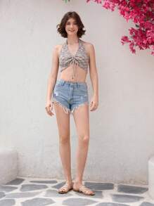 SHEIN Unity Atasan Rajut Pendek Model Halter Tanpa Punggung Seksi untuk Liburan Wanita, Terbuat dari Campuran Kain. - MultiWarna - View 4