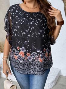 EMERY ROSE Women's Round Neck 3/4 Sleeve Formal Blouse, Printed Layered Mesh Shirt - Multicolor - View 5