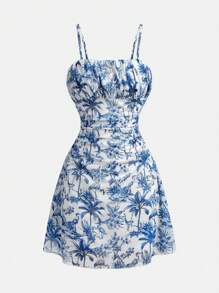 SHEIN Vintage Stijl Blauw & Wit Bloemenprint Gerimpelde Buste A-lijn Mini Jurk Voor Tienermeisjes, Geschikt Voor Zomer, Afstuderen, Terug Naar School, Vakantie, Festivals, Lunches, Uitjes