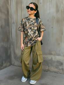 2 件套 Tween 女童迷彩宽松短袖 T 恤和工装裤套装 - 軍綠色 - 查看 9