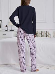 EURMUSE 100% Cotton 2Pcs  Contrast Colour Heart Printed PJ Set - Purple - View 2