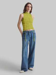 Ontre 2025 New Avocado Green Mock Neck Sleeveless Ruched Design Women's Daily Wear Solid Color Spring/Summer Fitted Vest