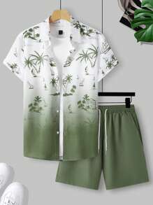 Manfinity RSRT Set di camicia a maniche corte e pantaloncini con stampa sfumata di palme, adatto per vacanze e spiaggia, outfit comodi - Multicolore - Visualizzare 3