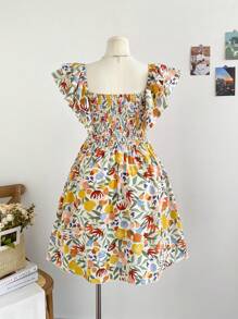 Soleia 大码春夏度假风彩色印花面料短袖甜心领蝴蝶结A字连衣裙，沙滩裙/吊带裙，度假装扮，波西米亚风 - 彩色 - 查看 2