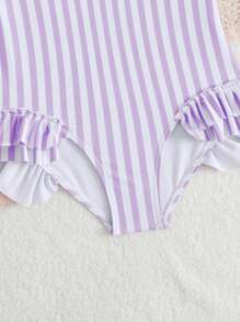 Young Girl Striped Ruffle One-Piece Swimsuit, Vacation/Beach - Purple - View 5