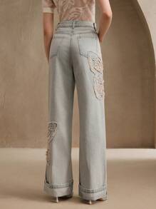 Anewsta 女士优雅时尚刺绣直筒牛仔裤 - 藍色 - 查看 3