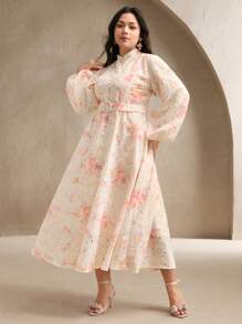 Anewsta Plus Size Elegant Digital Print Lantern Sleeve Maxi Dress, Suitable For Spring, Vacation, Festival, Easter - Multicolor - View 5