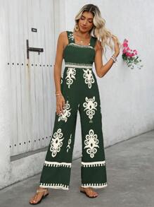 Breezaya 女士拼色印花连体裤，适合度假和休闲穿着 - 墨綠色 - 查看 3