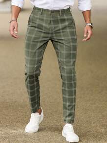 Manfinity Homme Men's Casual Plaid Tapered Suit Pants, Men Green Checkered Olive For Ceremony Formal - Multicolor - View 5