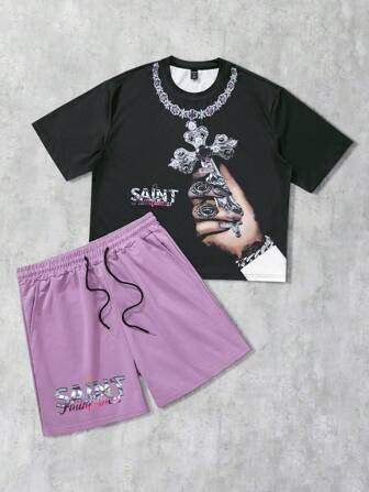 Goth Set estivo casual da uomo con Maglietta a croce e pantaloncini