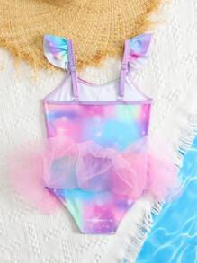 Young Girl Ombre Mesh Patchwork One-Piece Swimsuit For Beach Vacation - Multicolor - View 2