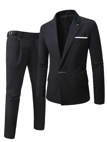 Manfinity Mode Plus Size Men Business Suit Set, Solid Color Long Sleeve Jacket & Trousers