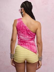 SUMWON WOMEN One Shoulder Ruched Summer Top Asymmetric Bodycon Party Club Festival Statement Metallic Accessories Y2K Fashion - Hot Pink - View 2