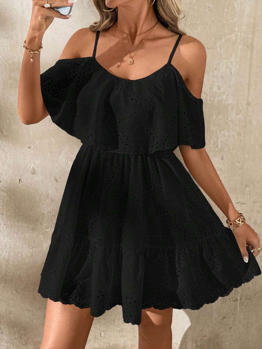 SHEIN Clasi 优雅女士白色纯色刺绣荷叶摆领吊带收腰 A 字裙，春夏连衣裙，适合各种场合穿着 - 黑色 - 查看 1