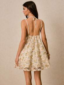 Poéselle Women's Dresses Backless Exquisite Lace Print Dresses Vacation Romantic Dresses Wedding Season Women's Ditsy Floral Mesh Strap Mini Vacation Beach Dress