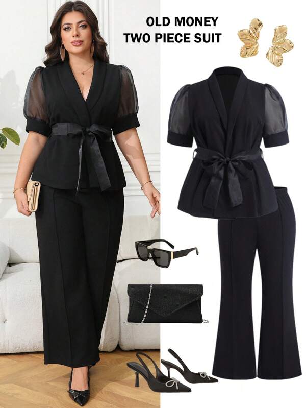 Ellevyn Plus Size Set With Lantern Sleeve Mesh Panel Belted V-Neck Blouse And Flared Pants