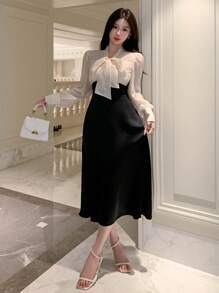 DAZY Colorblock Contrast Ribbon Collar & Puff Sleeve Women's Mid-Length Dress Prom Dress Elegant,Fall Dress