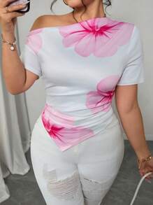 Elenzga 大码女式法式不对称下摆露肩莲花短袖 T 恤，夏季 - 白色 - 查看 7