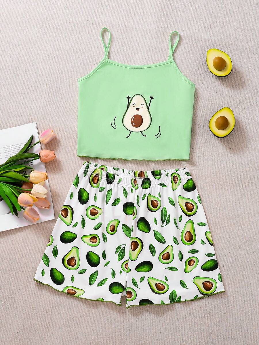 少女极简主义牛油果印花吊带背心和短裤两件套家居服套装夏季青少年服装套装女童夏装夏装套装女童夏装少女套装青少年可爱套装 - 彩色 - 查看 1