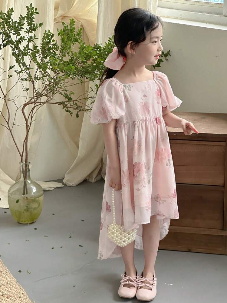 Young Girl Sweetheart Ditsy Floral Square Collar Bow Accent Short Sleeve Dress, Summer