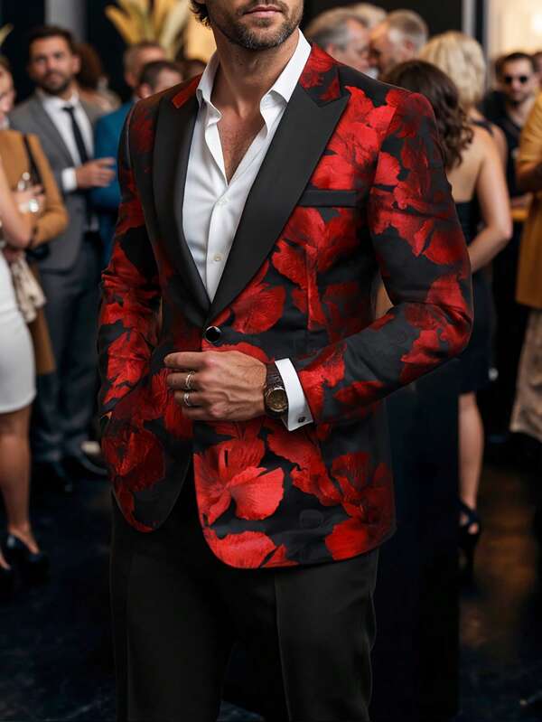 Manfinity AFTRDRK Men's Glamorous Party Attire, Featuring A Red Floral Jacquard Suit Set. This Stylish And Relaxed Suit Is Suitable For Music Festivals, Weddings, Banquets, Evening Parties, Anniversaries, And Everyday Wear. It Makes A Great Gift For Boyfriends Or Husbands. Men's Floral Jacquard Long Sleeve Jacket And Pants Casual Suit Set ,Men Two Pieces Outfits ,Black And Red Color Scheme , Prom Suits For Men , Prom Clothes For Men , Prom Suits For Men Modern