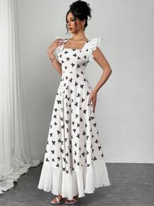 Chiquease Bohemian Square Neck Chiffon Cap Sleeve Ruffle Hem Dress For Women, Vacation Style, Spring/Summer - White - View 4