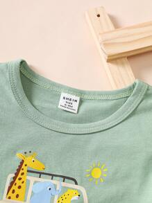 SHEIN Playful Pals 2件套男婴可爱卡通动物汽车印花短袖上衣和短裤套装，适合春夏外出和日常穿着 - 彩色 - 查看 8