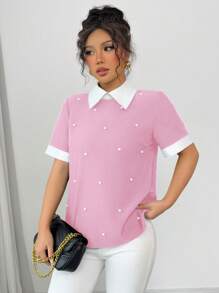 Elenzga Áo cánh tay ngắn đính hạt cổ bẻ phối màu thời trang xuân/hè cho nữ - Hồng - Xem 3