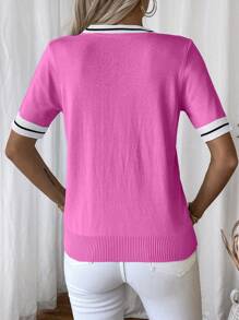 EMERY ROSE Women's Casual Color Block Striped Short Sleeve Knit Top, Summer - Hot Pink - View 2