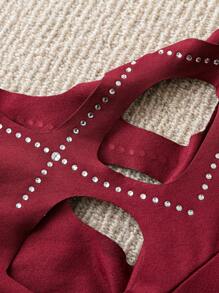 EMERY ROSE Plus Size Women Solid Color Half Zipper Front Hollow Out Short Sleeve Straight Dress - Burgundy - View 3